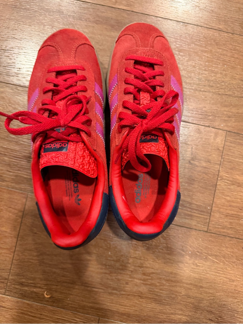 adidas Red Suede Platform Sneakers with Pink Stripes - Picture 2 of 5